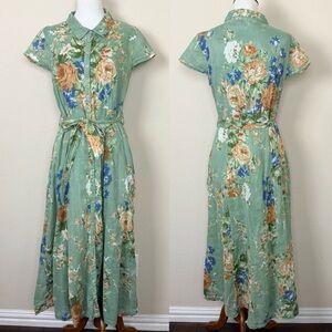 April Cornell Green Floral Print Button Maxi Midi Dress Cottagecore Small Easter